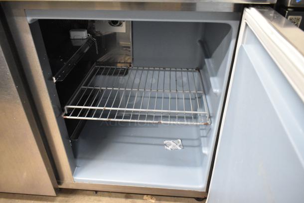 Delfield UC4048-STAR stainless steel undercounter cooler, 2 doors, 115 volts, 1 phase, visible interior shelf, commercial use.