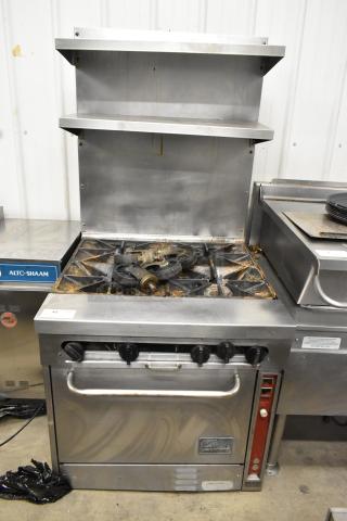 Southbend stainless steel commercial gas 4-burner range with convection oven, 2-tier shelf, and backsplash, used condition.