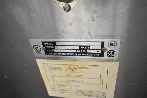 Alto Shaam 500-S stainless steel commercial heated holding cabinet, 125V, 1 phase; visible model and serial number label.