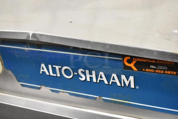 Alto Shaam 750-S Stainless Steel Heated Holding Cabinet, commercial casters, visible branding and wear, 125V, 1 phase.