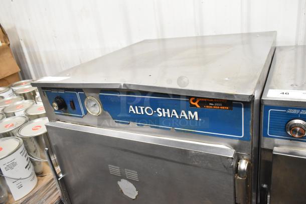 Alto Shaam 750-S stainless steel heated holding cabinet, on casters, 125V, 1 phase, with control panel and visible dials.