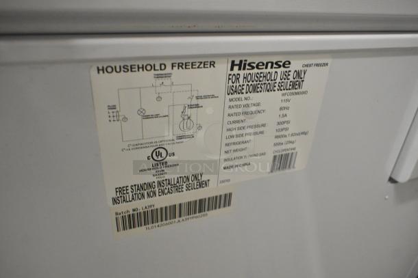 Hisense WFC050M6XWD Chest Freezer with hinge lid, 115V, 1 phase. Label indicates household use, UL listed, made in China.