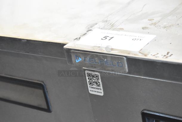 2020 Delfield 406P-STAR2 stainless steel undercounter cooler, single door, 115V, 1 phase, visible Delfield logo and QR code tag.