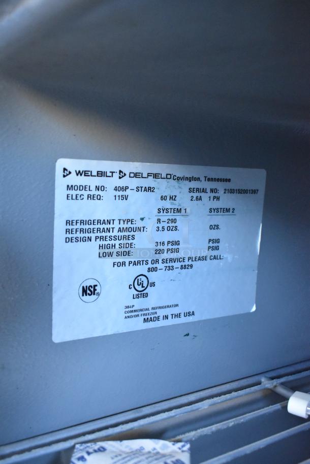 2021 Delfield 406P-STAR2 stainless steel single door undercounter cooler label, 115V, 1 Phase, R-290 refrigerant.