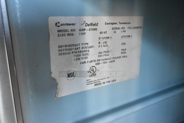 2017 Delfield 406P-STAR2 undercounter cooler label showing model, 115V, 1 phase, R-290 refrigerant, NSF and UL listed.