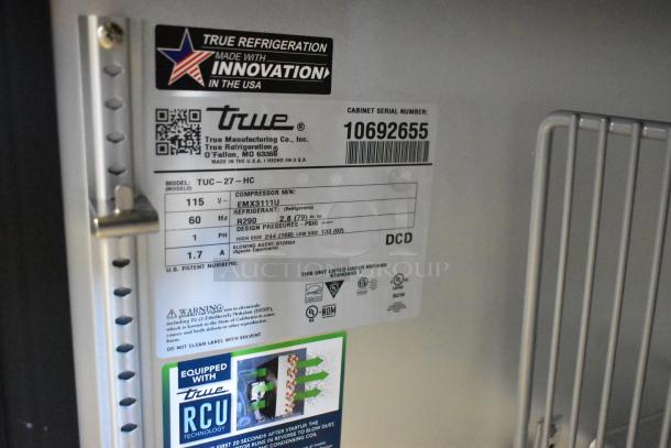 2023 True TUC-27-HC Stainless Steel Undercounter Cooler label, 115V, model TUC-27-HC, serial 10692655, made in USA.
