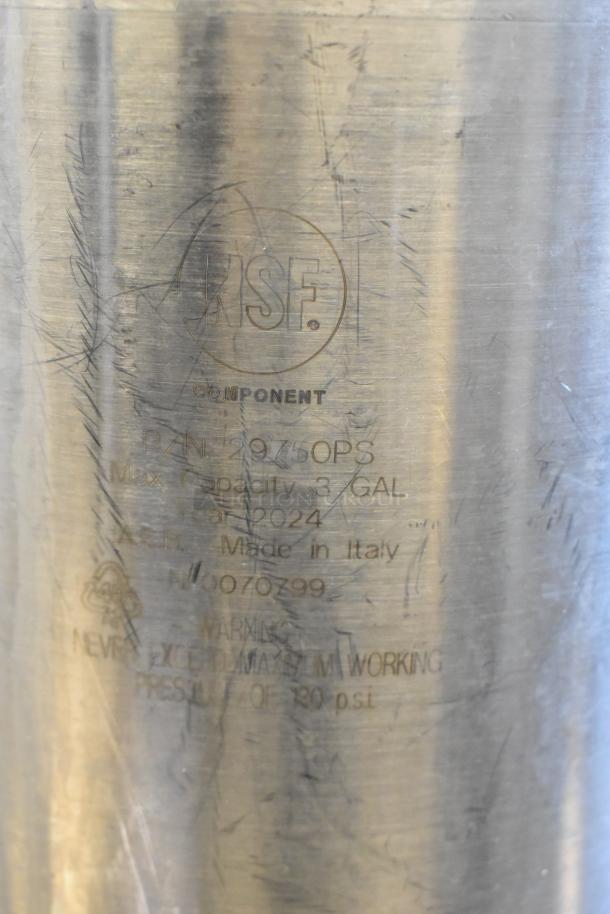 Three metal homebrew kegs, 3-gallon capacity, NSF certified, made in Italy, year 2024. Markings show model PAN 2975OPS.