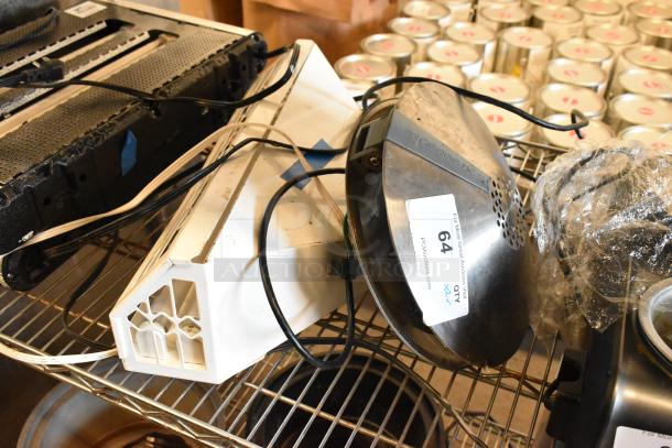 Bug Zapper and Pelsis Light Fixture on shelf. Includes cords and label "64, 2x Your Bid!" Used condition.