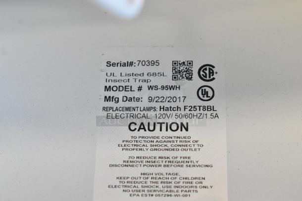 Label on bug zapper, model WS-95WH, mfg date 9/22/2017, UL listed, advises using Hatch F25T8BL lamps, 120V/50-60Hz/1.5A.