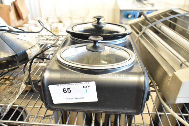 Crock Pot SCCPMD1-CH metal countertop 2-well food warmer, 120 volts, with glass lids, minor surface wear, auction tag visible.