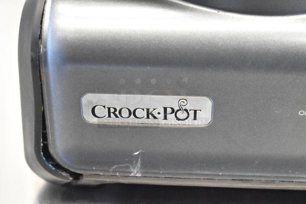 Crock Pot SCCPMD1-CH metal countertop food warmer with two wells, visible logo, minor surface scratches, 120 volts, 1 phase.