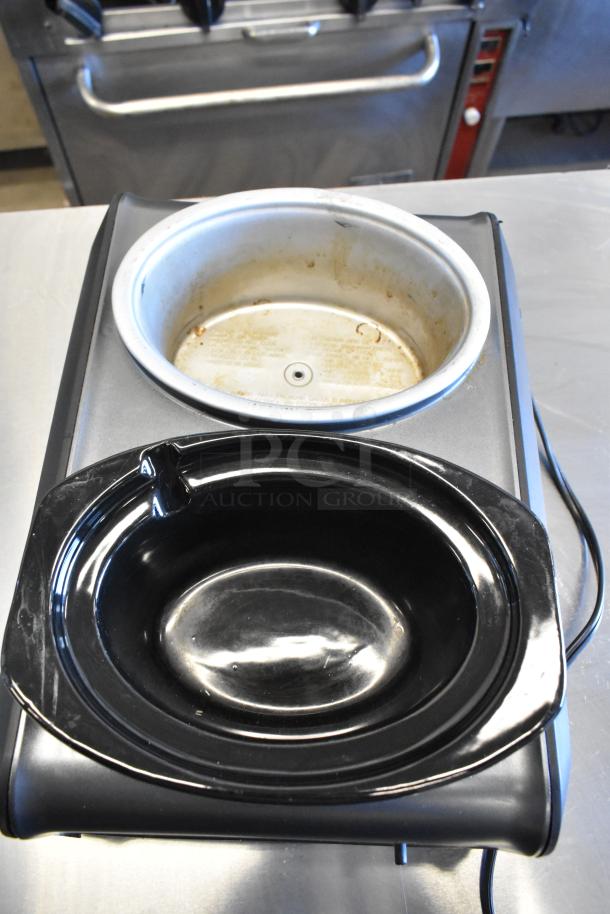 Crock Pot SCCPMD1-CH metal countertop 2 well food warmer, 120 volts. Features one stainless steel and one ceramic pot. Used condition.