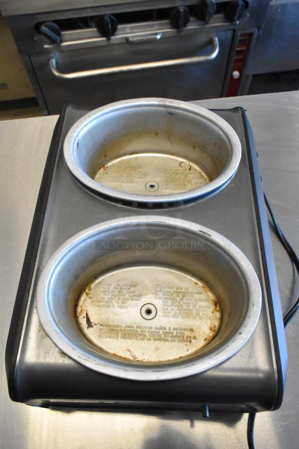 Crock Pot SCCPMD1-CH food warmer, dual well, shows wear, 120V, 1 phase, visible safety warnings.