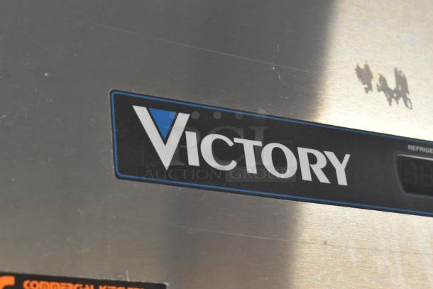 Victory VR-SA-1D-HG stainless steel commercial cooler, 2 half-size doors, on casters, 115V, model branding visible.