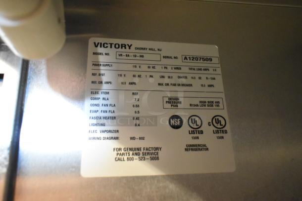 Victory VR-SA-1D-HG label; stainless steel commercial cooler; 115V, 1 phase; model and service info visible.