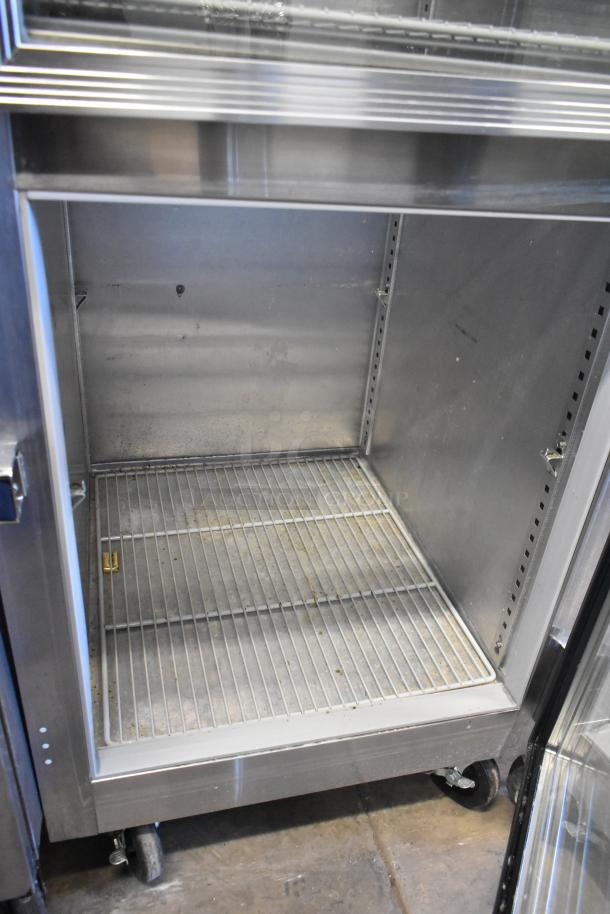 Victory VR-SA-1D-HG V Series stainless steel cooler merchandiser with 2 half-size doors, on casters, 115V, commercial use.