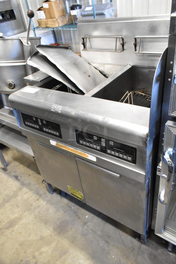 Frymaster PH255SC stainless steel natural gas fryer, 80,000 BTU, on commercial casters, visible controls and handles.