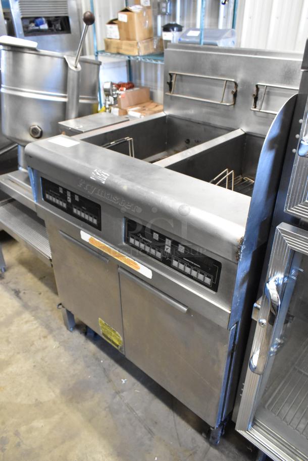 Frymaster PH255SC stainless steel natural gas fryer on casters, 80,000 BTU, with control panel and storage space.