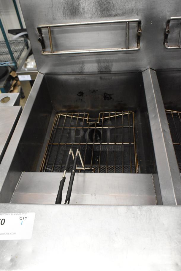 Frymaster PH255SC stainless steel commercial deep fat fryer, natural gas powered, on casters, 80,000 BTU, used condition.