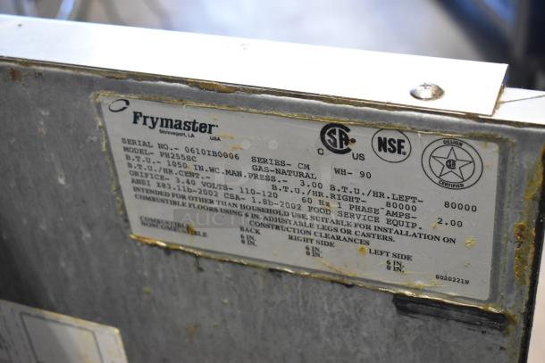 Frymaster PH255SC stainless steel natural gas fryer, 80,000 BTU, with commercial casters. Label shows model and specs.