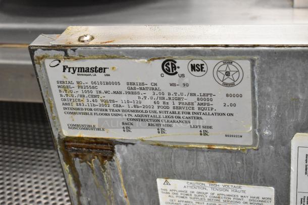 Frymaster PH255SC commercial deep fryer label, stainless steel, natural gas, 80,000 BTU. Serial: 06101B0005, NSF certified.