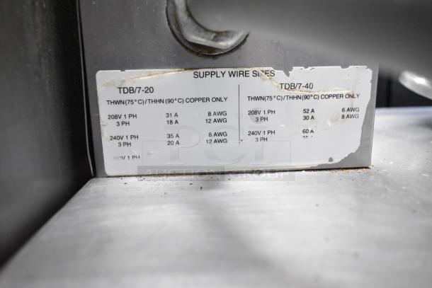 Groen stainless steel commercial electric steam kettle, model TDB/7-20, suitable for 208/240 volts, with supply wire sizes label.