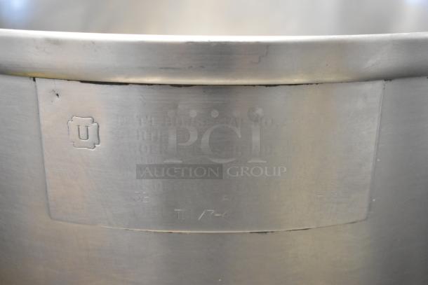 Groen stainless steel commercial steam kettle, electric powered, 208/240 volts, visible label with specifications.