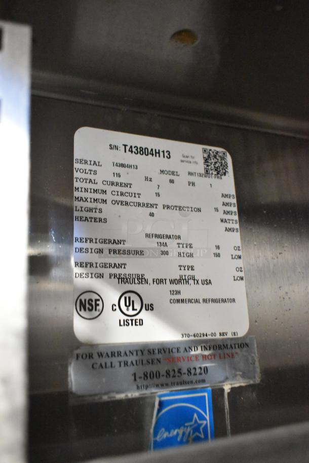 Traulsen RHT132WUT-FHS commercial cooler label; NSF, UL listed; 115V, 1 phase; serial T43804H13; Fort Worth, TX.