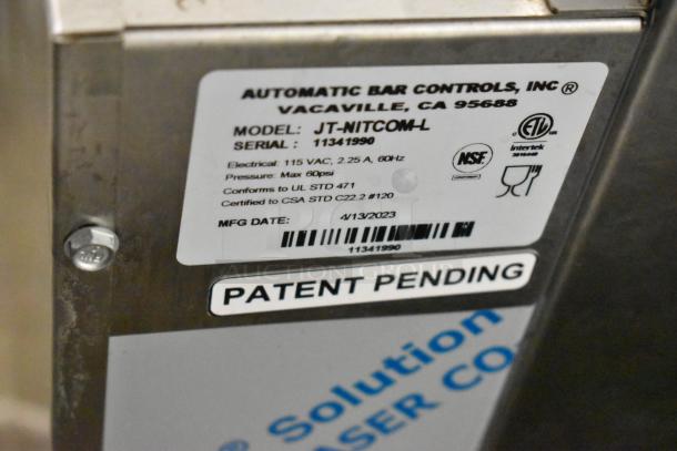 2023 Automatic Bar Controls JT-NITCOM-L Nitro Dispenser label. Shows model, specs, and "Patent Pending" marking.