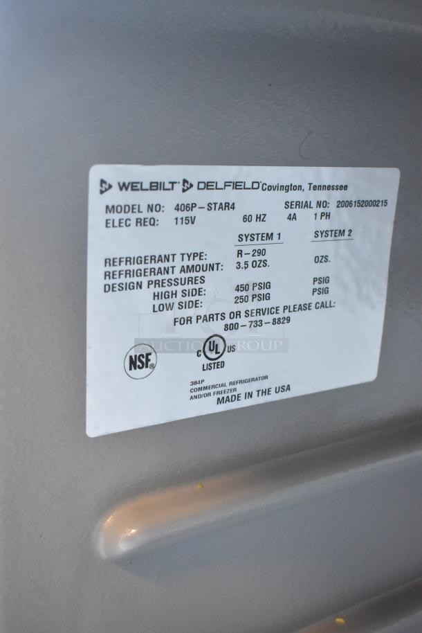 2020 Delfield 406P-STAR4 stainless steel undercounter cooler label, 115V, 1 phase, R-290 refrigerant. Made in USA.
