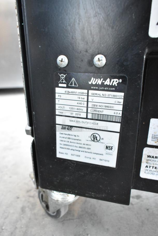 Jun-Air 87R-4MN1-HSBHH nitrogen generator on casters, 120V, 1-phase. Stainless steel, commercial use. Serial No. 0718801221.