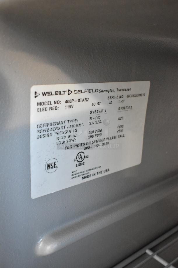 2020 Delfield 406P-STAR2 stainless steel cooler label, displaying model, electrical specs, and NSF certification.