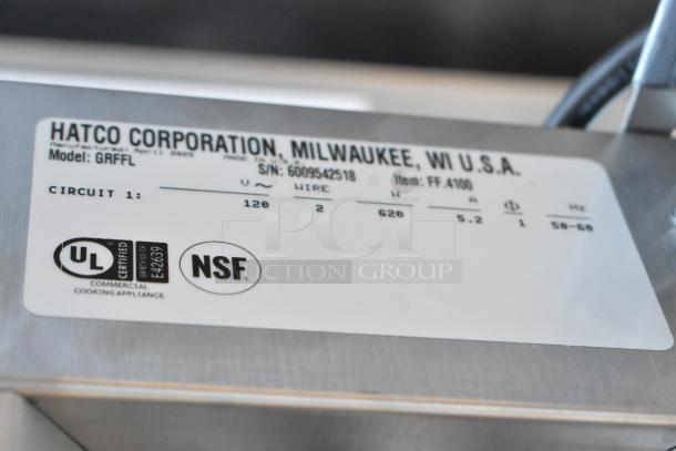 Hatco GRFFL Countertop Warmer label showing model details, UL and NSF certifications, 120 volts, 1 phase. Brand new, scratch, and dent.