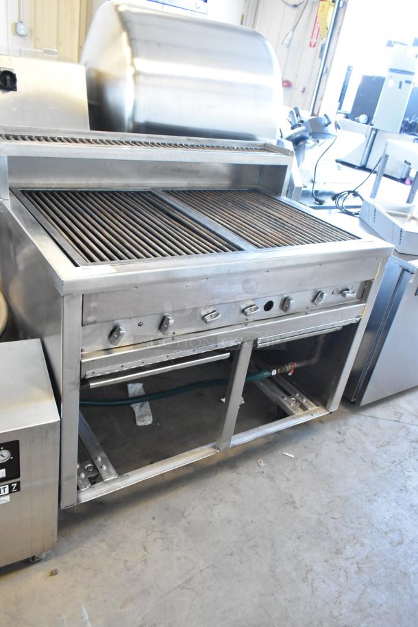 Stainless Steel Commercial Charbroiler Grill on Casters, features adjustable knobs and sturdy grates, ideal for professional grilling.
