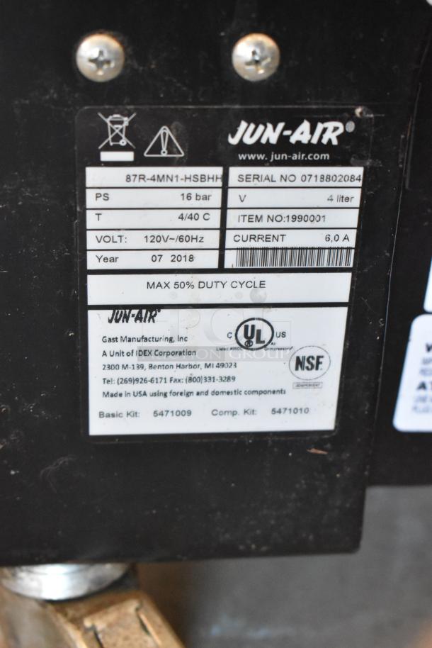 Jun-Air 87R-4MN1-HSBHH nitrogen generator, stainless steel, on casters, 120V, 1 Phase, commercial use, label details.