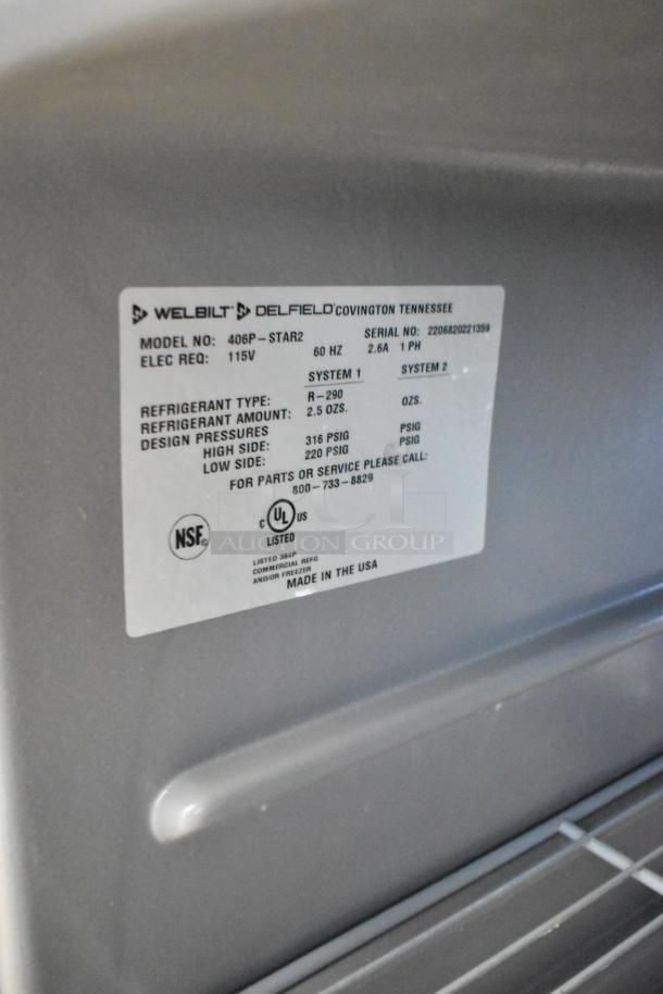 2022 Delfield 406P-STAR2 stainless steel undercounter cooler, 115V, with casters, label shows refrigerant R-290, NSF certified.