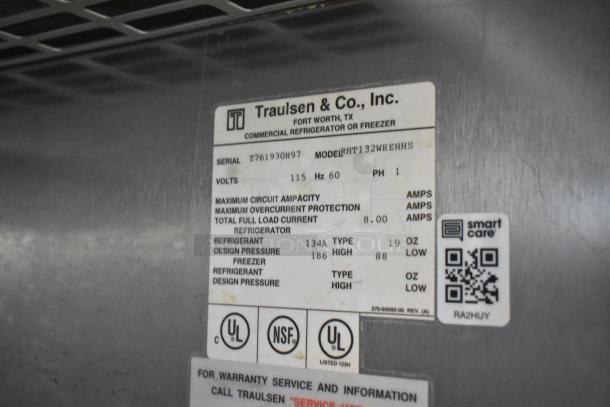 Traulsen RHT132WREHHS commercial reach-in cooler label, 115 volts, serial T761930H97, UL and NSF certified, Smart Care QR code.