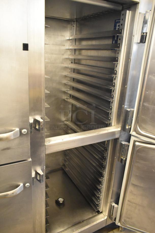 Traulsen RHT 2-32NUT stainless steel reach-in cooler, 4 half doors, metal racks, on casters, 115V, 1 Phase, commercial use.