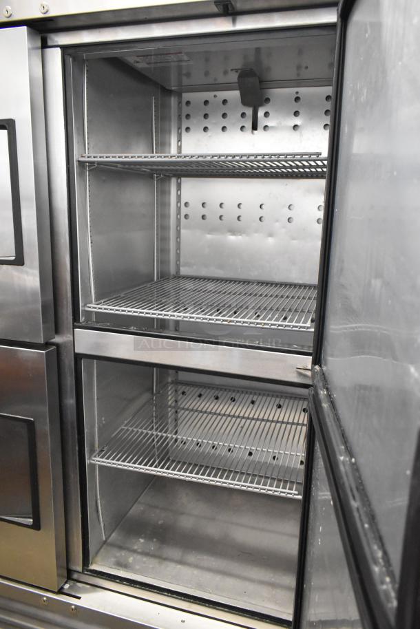 2021 True T-49DT-4-HC stainless steel freezer, 4 half doors, metal racks, on casters, 115V, excellent condition.