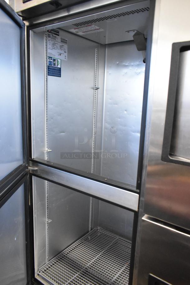 2021 True T-49DT-4-HC stainless steel freezer, 4 half-size doors, metal racks, commercial casters, inside label visible.