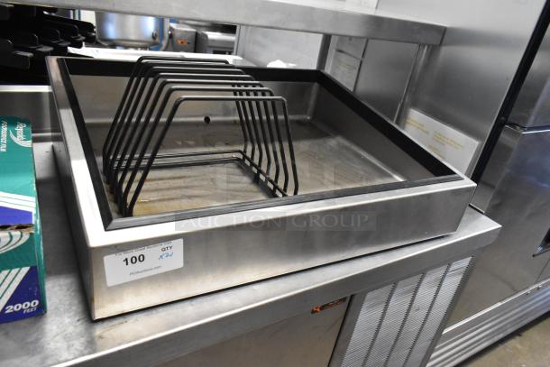 Metal bin with cutting board drying rack in used condition, sticker indicates auction lot "100 QTY x2".