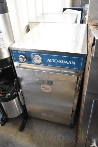 Alto Shaam 500-S stainless steel heated holding cabinet on casters, 125V, 1 phase, commercial use, visible Alto-Shaam branding.