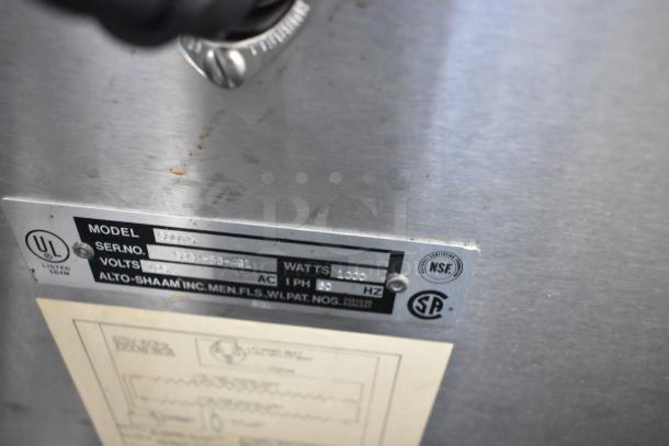 Alto Shaam 500-S stainless steel heated holding cabinet, 125V, 1 phase, on casters. Visible UL and NSF certification labels.