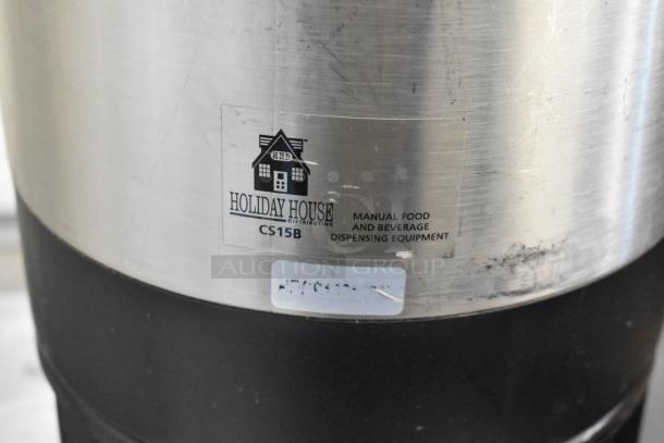 Holiday House CS15B stainless steel beverage holder, manual dispensing equipment label visible. Multiple units available.
