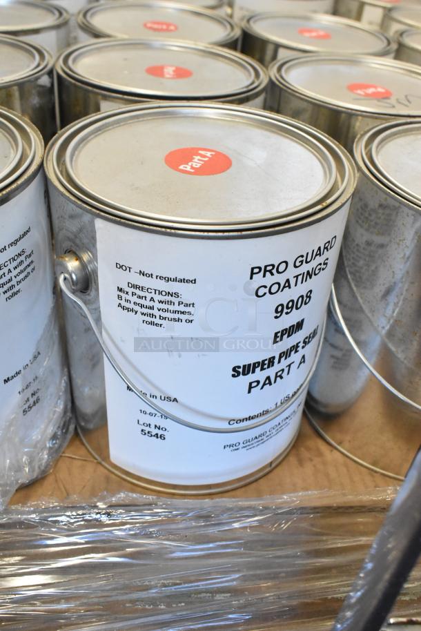 70 Pro Guard cans including 1519 Part A Proflex Primer and 9908 EPDM Super Pipe Seal Part A, labels show mix instructions.