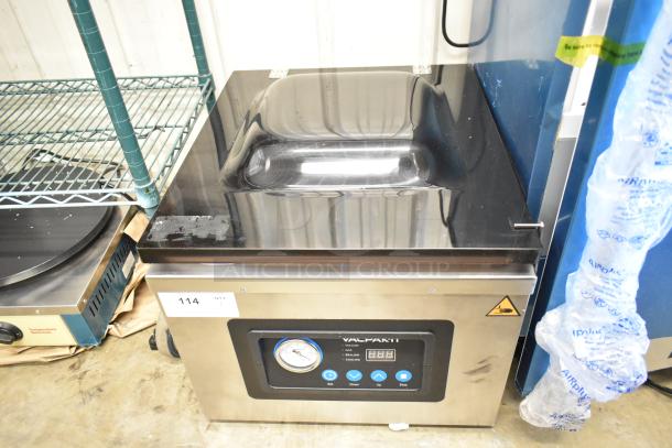 VacPak-It stainless steel commercial countertop vacuum sealer, brand new with minor scratches and dents, labeled model with controls.