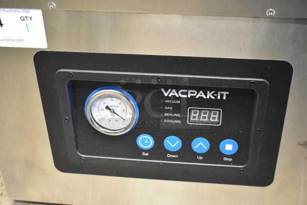 BRAND NEW VacPak-It stainless steel countertop vacuum sealer with control panel, vacuum gauge, and minor scratches.