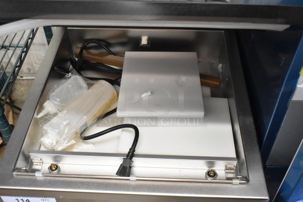 BRAND NEW SCRATCH AND DENT! VacPak-It stainless steel commercial countertop vacuum sealer, shown with cables and components.