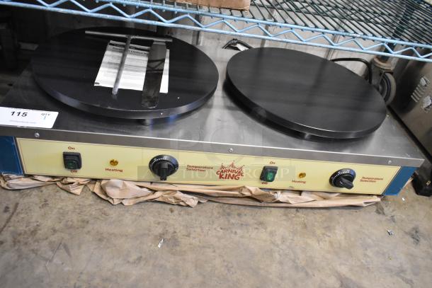 Brand new Carnival King 382TCM16DBL 16" dual non-stick crepe maker; stainless steel; 208/240V; 1 phase; tags visible.
