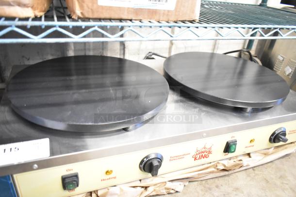 Brand new Carnival King 382TCM16DBL 16" dual non-stick crepe maker in stainless steel. Features 208/240 volts, 1 phase.